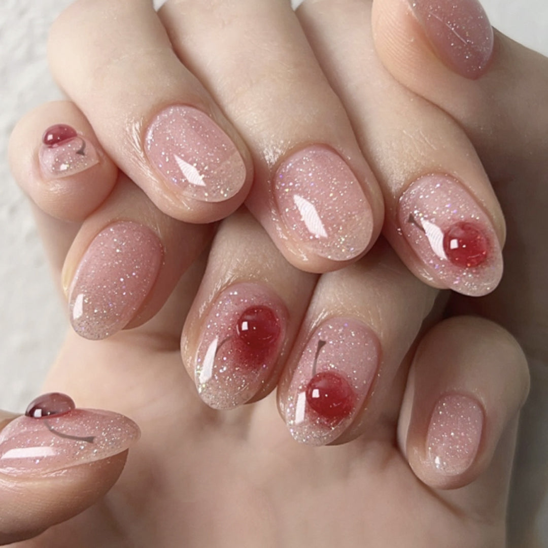 Elegant artificial nails with glitter and cherry motif Stornfield