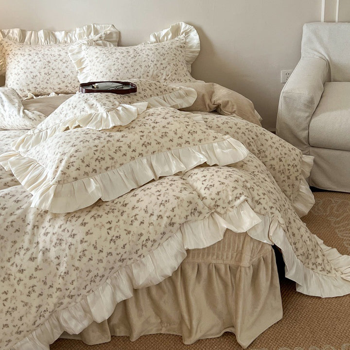 Floral Brushed Cotton Duvet Cover Set with Ruffled Satin Trim