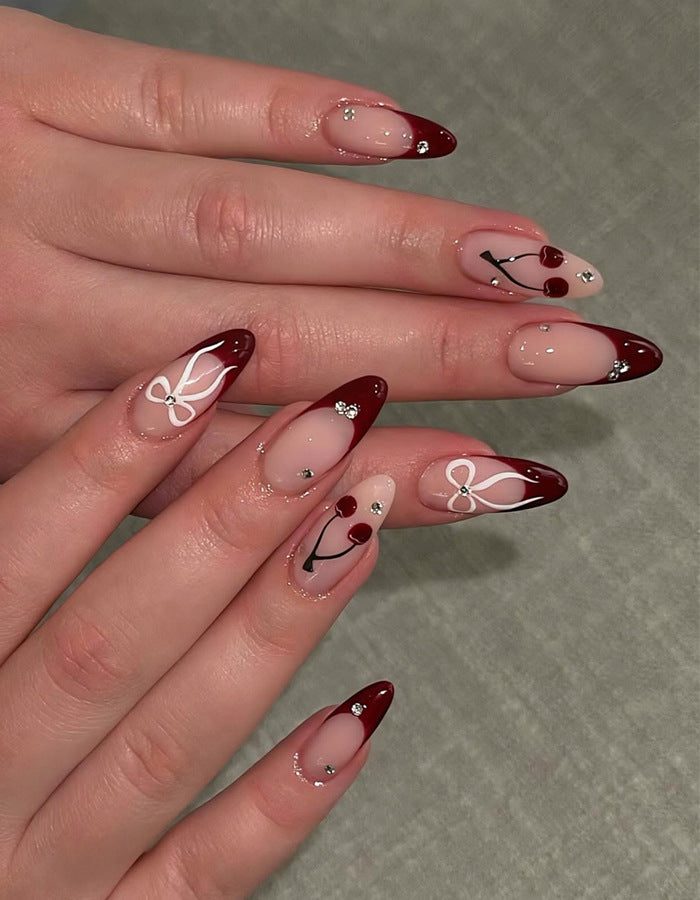 Artistic Stiletto Press-On Nail Set with Cherry and Bow Designs Stornfield