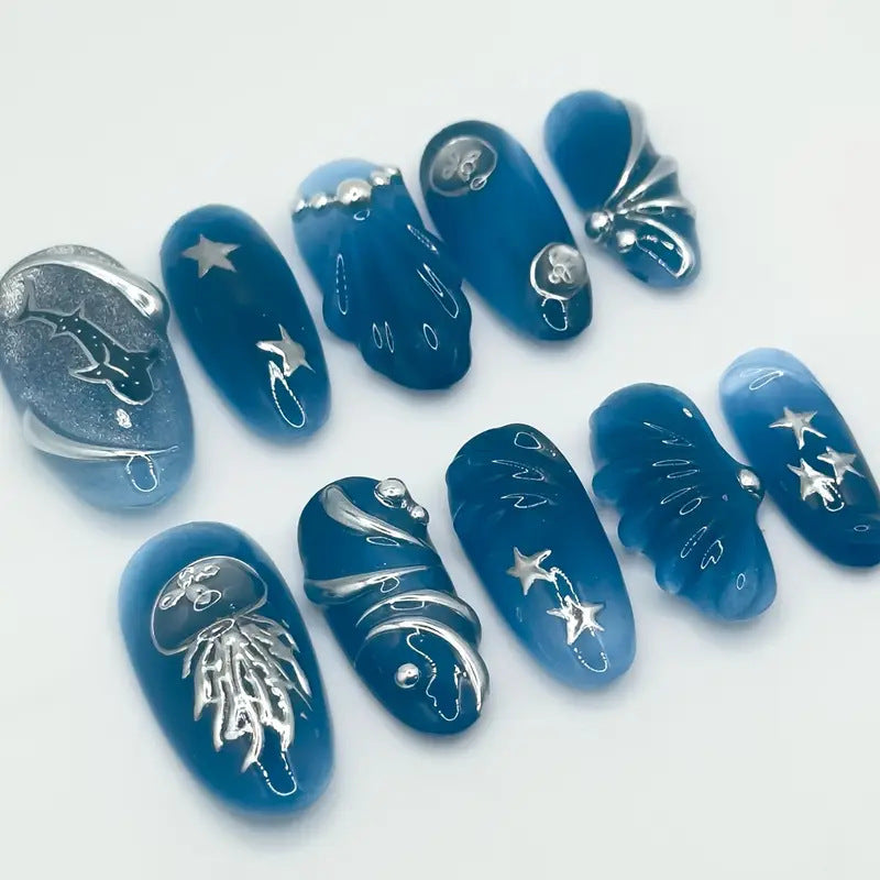 Artistic Ocean-Inspired Press-On Nail Extensions Stornfield