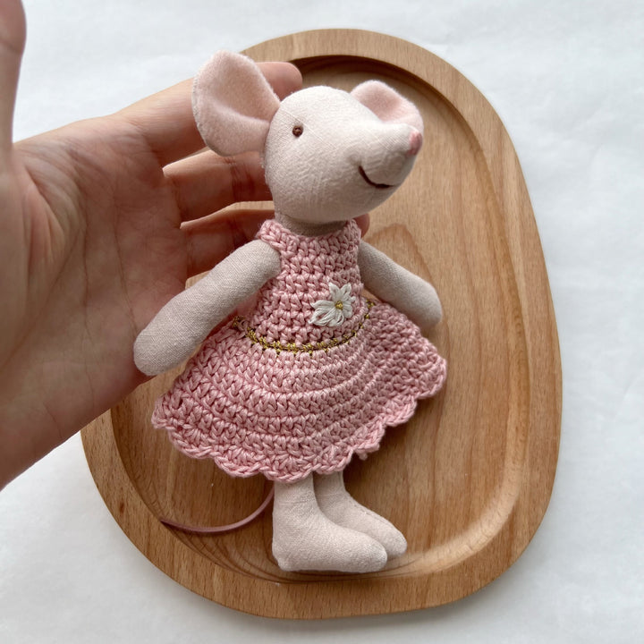 Handcrafted Linen Mouse Doll with Crocheted Dress and Embroidered Face