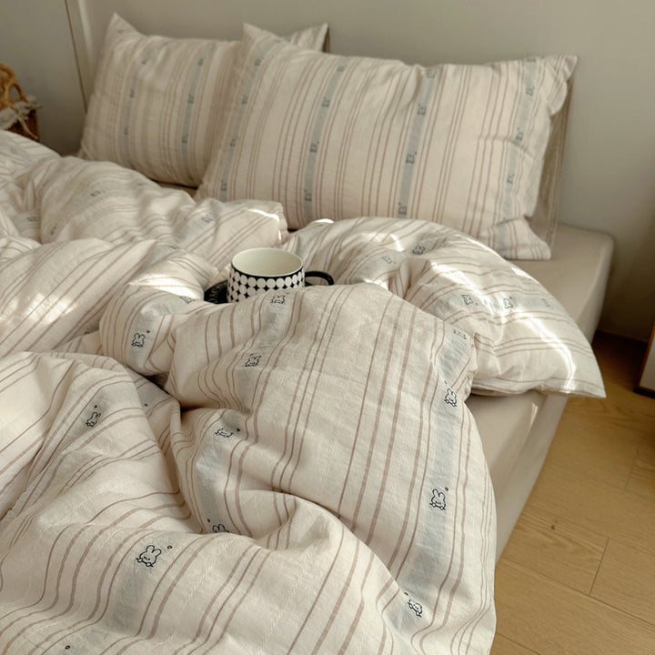 Cotton Washed Stripe Duvet Cover Set with Mini Bear Motif Pillow Shams