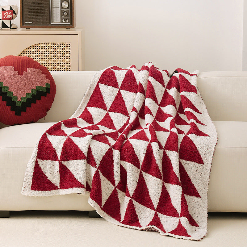 Large patterned bouclé throw blanket with geometric block pattern