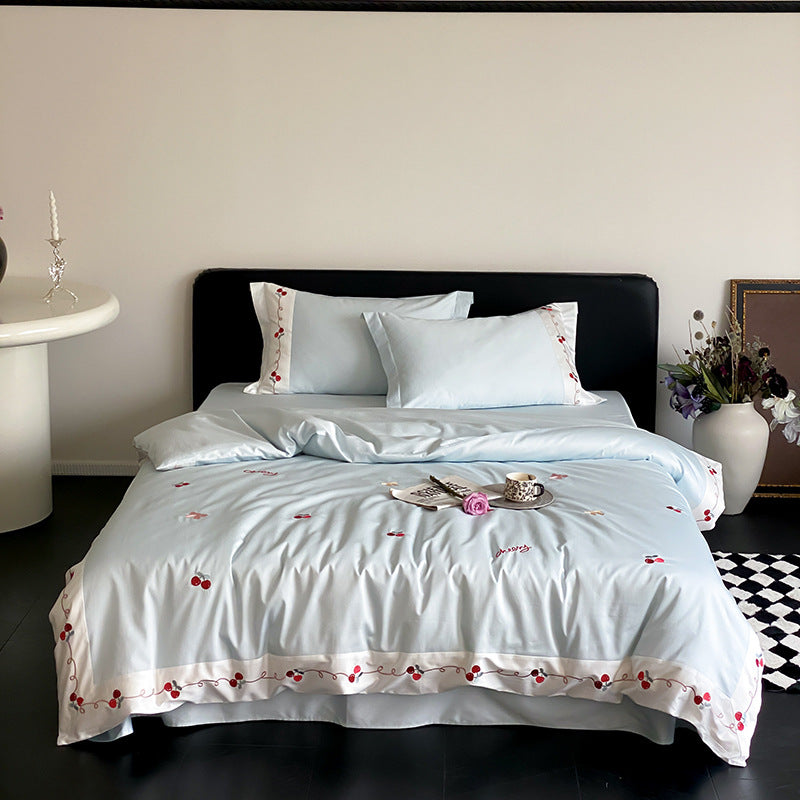 Embroidered Cherry Cotton Sateen Duvet Cover Set with Decorative Border and Pillow Shams