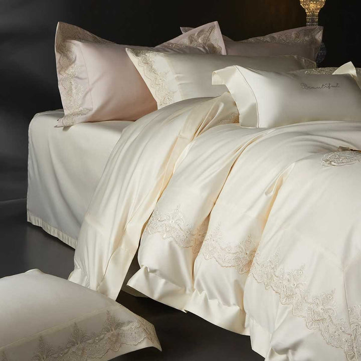 Luxury Satin-Feel Embroidered Lace-Trim Bedding Duvet Comforter Set