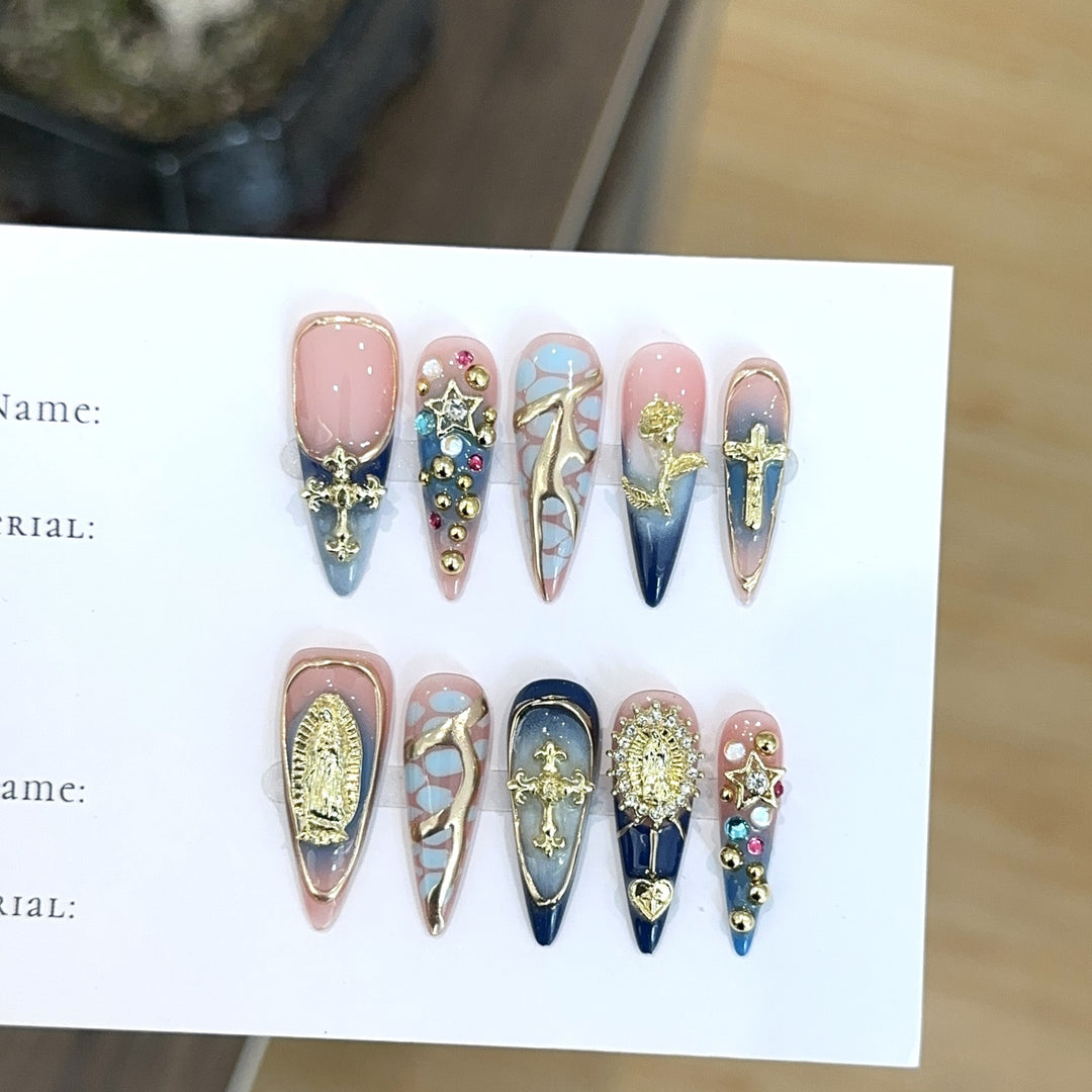 Artistic Decorative Press-On Nail Set with Gemstone Accents