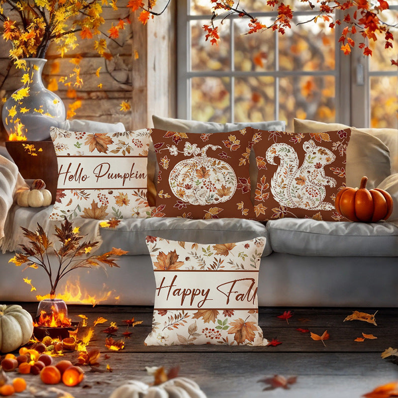 Square Cotton-Linen Autumn Botanical Pumpkin Accent Pillow Cover with Concealed Zipper