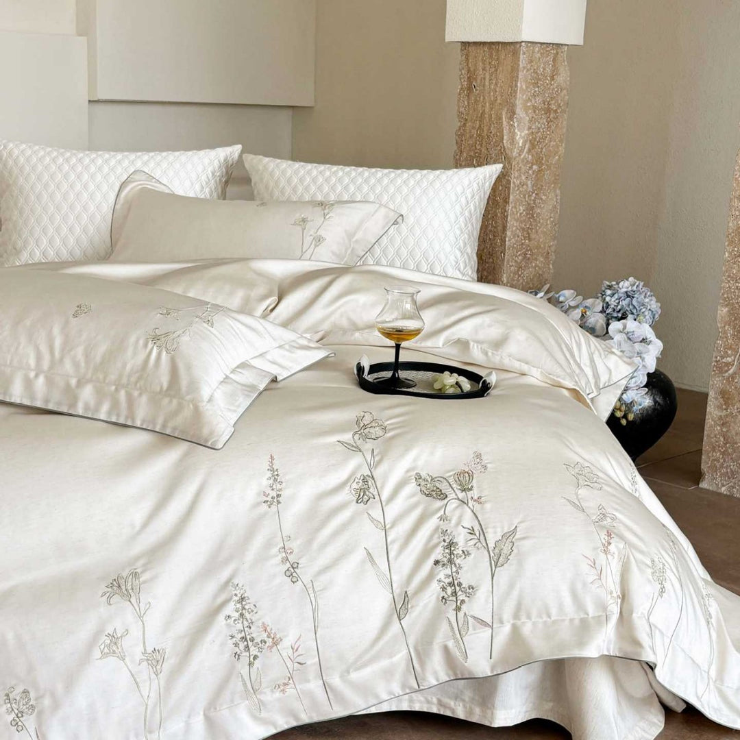 Luxurious satin bedding set with fine wildflower embroidery and reversible function