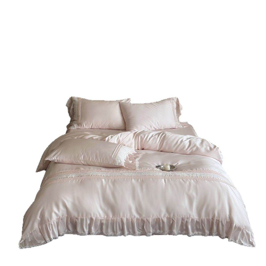 Luxury Satin Ruffled Lace-Trim Duvet Cover Set