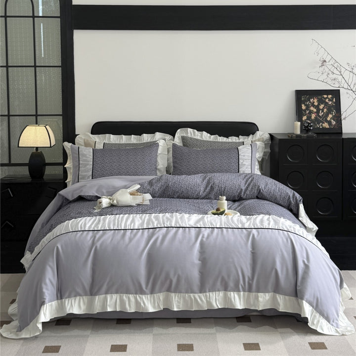 Ruffled-Edge Brushed Microfiber Duvet Cover Set with Center Floral Panel and Pillow Shams
