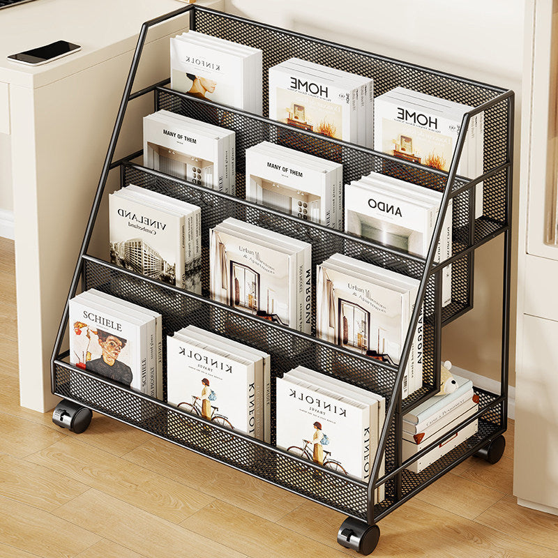 Angled Mesh Rolling Magazine and Book Display Shelf with Locking Casters
