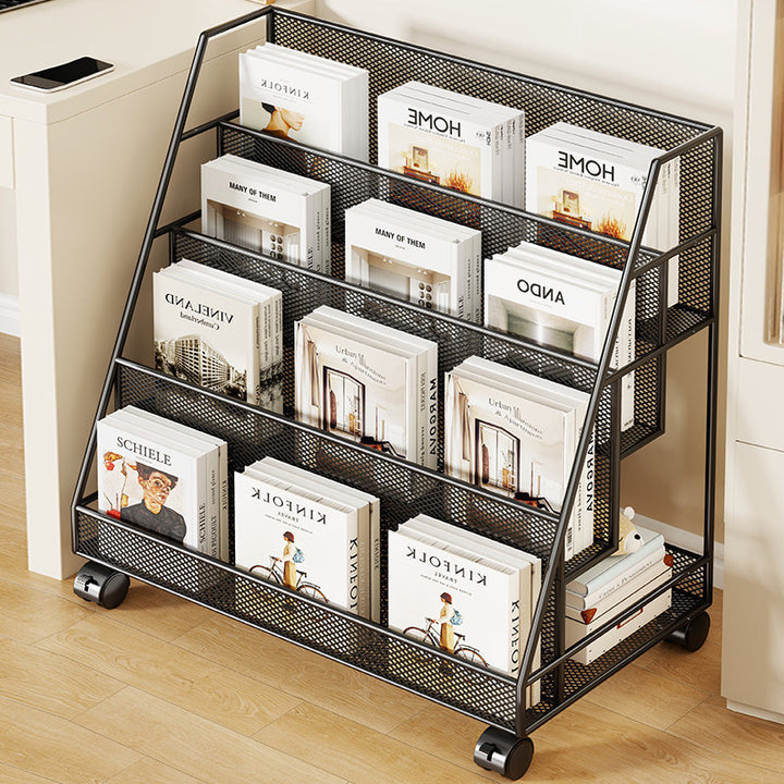 Angled Mesh Rolling Magazine and Book Display Shelf with Locking Casters