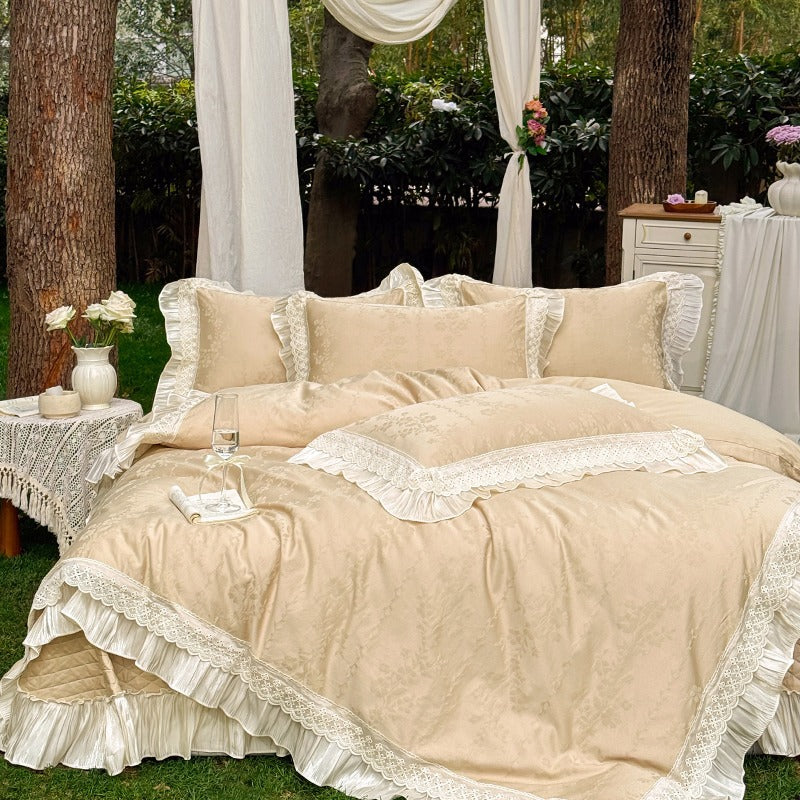 Ruffled Lace-Trim Jacquard Floral Duvet Cover Set with Quilted Bed Skirt and Pillow Shams
