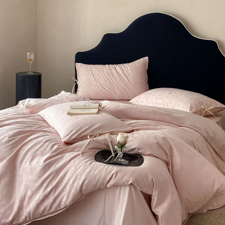 Floral Jacquard Satin-Feel Duvet Cover Set with Tie-Closure Pillow Shams