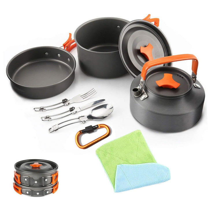 lightweight non-stick nesting camping cookware set with folding handles compact kettle pot pan and folding cutlery Stornfield