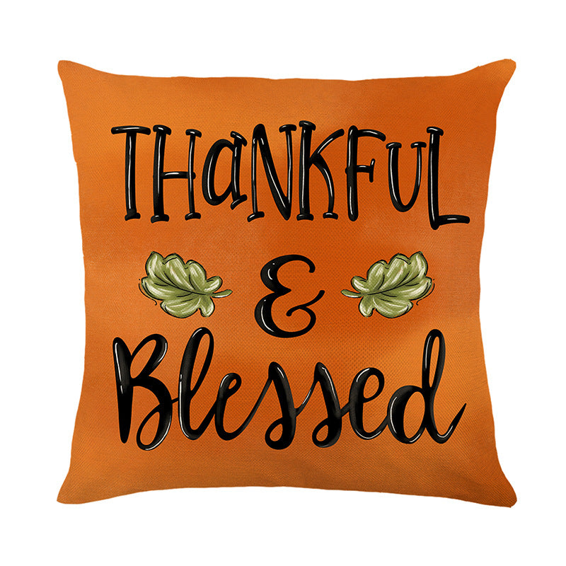 Autumn Harvest Linen-Texture Decorative Throw Pillow Cover with Thankful & Blessed Print