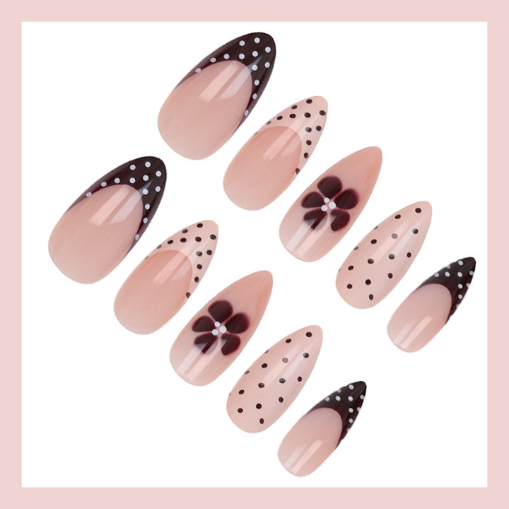 Artificial nail set with elegant flower and dot pattern design Stornfield