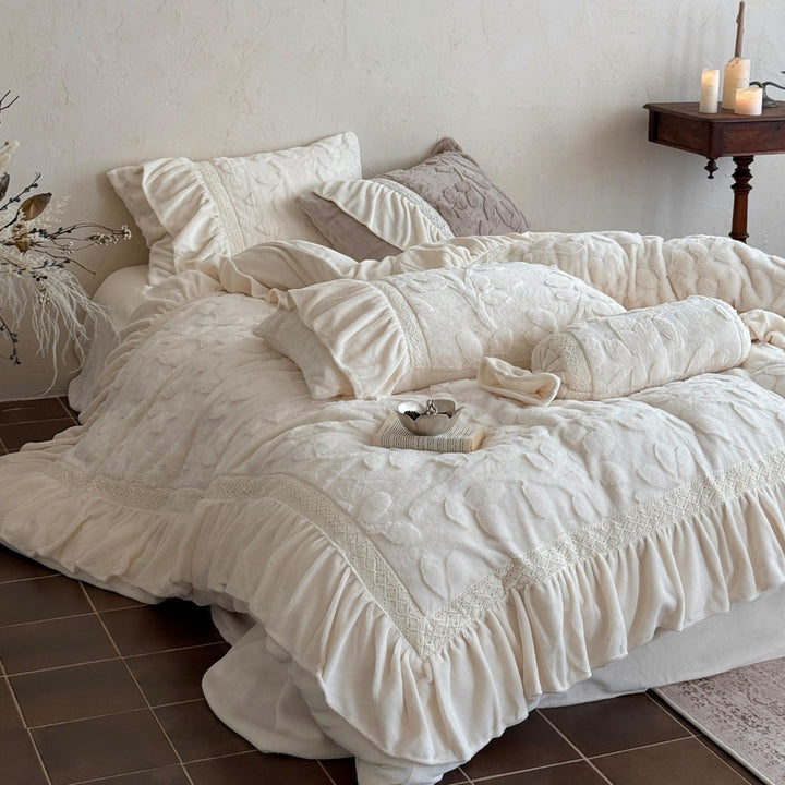 Plush Botanical Relief Duvet Cover & Ruffled Skirt Bedding Set