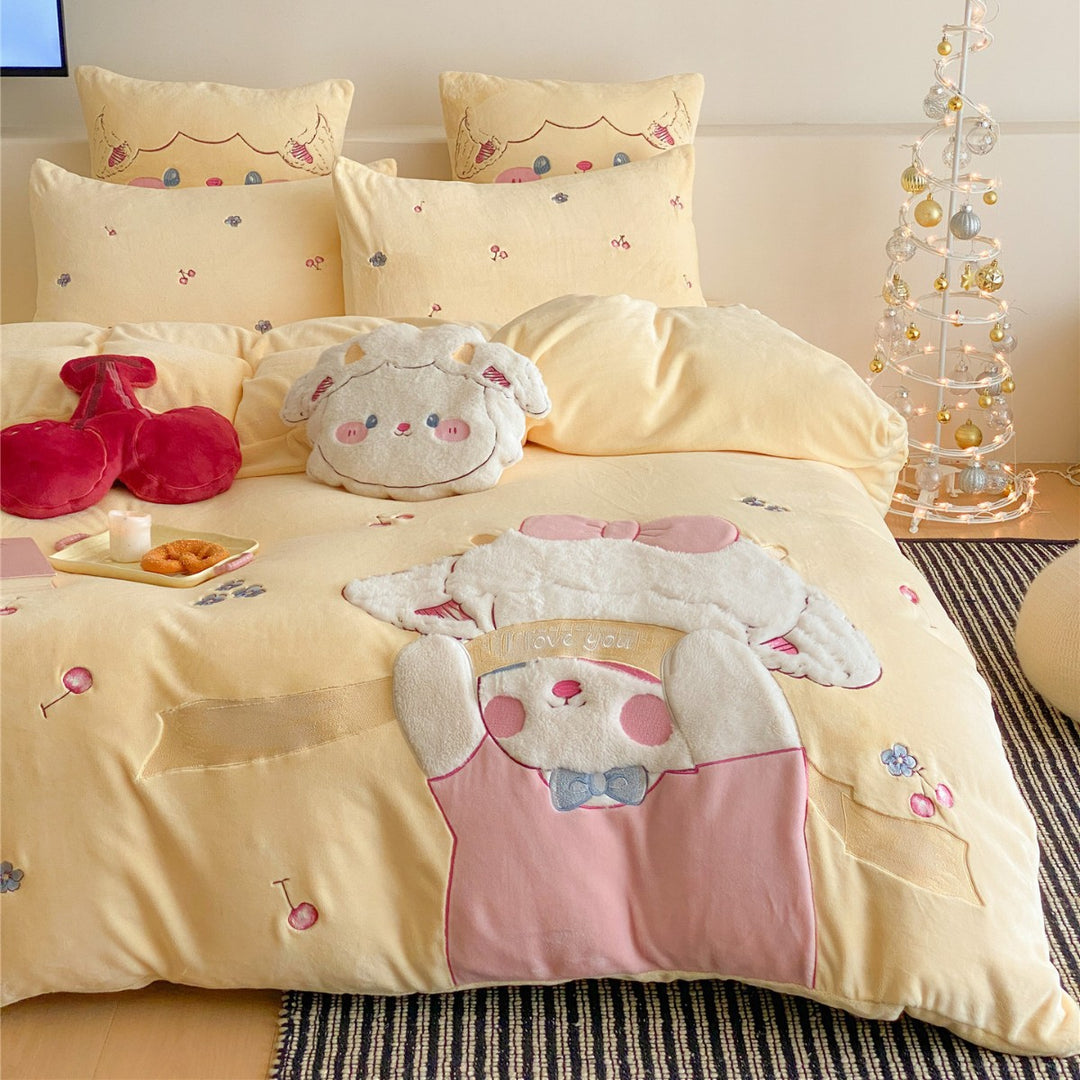Plush Appliqué Cartoon Bunny Quilted Duvet Cover Set