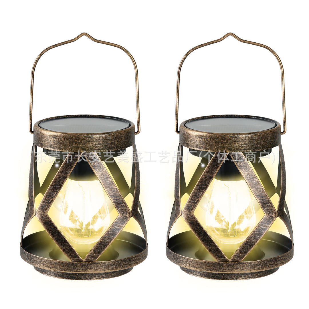 Portable Antique-Style Solar LED Lantern Pair With Built-In Solar Panel Hanging Handle And Weatherproof Metal Lattice Frame Stornfield