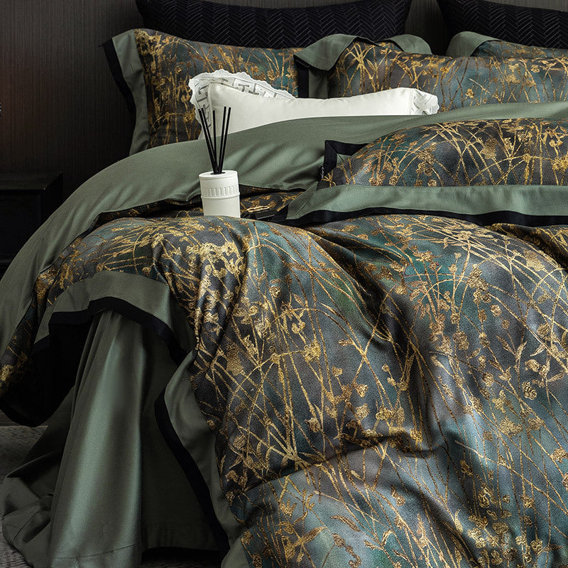 Luxurious bedding set made of cotton satin with delicate grass print and satin hem