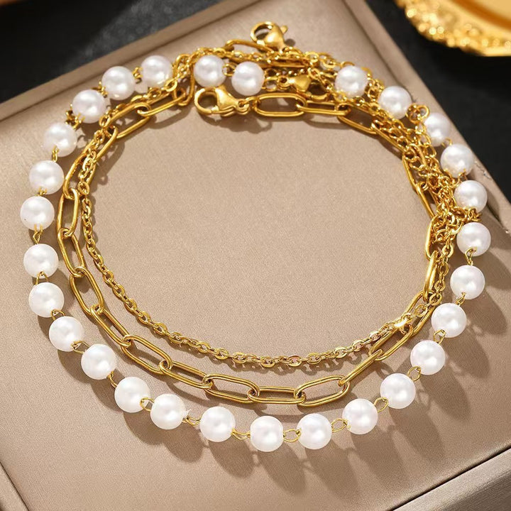 Elegant Layered Pearl and Chain Bracelet Set Stornfield