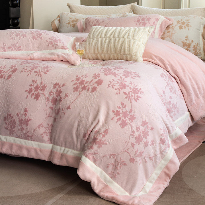 Luxurious Reversible Bedding Set with Quilted Plush Blanket and Jacquard Woven Floral Relief