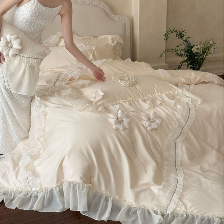 Romantic Ruffled Luxury Duvet Cover Set with Decorative Floral Appliqué Pillow