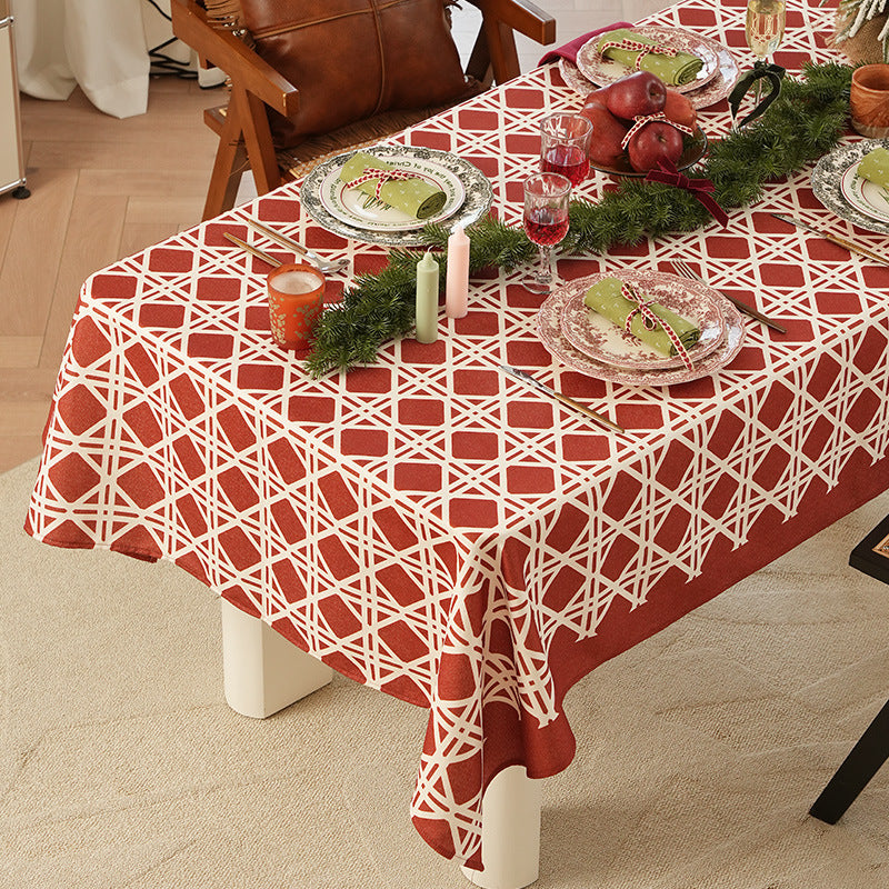 Rectangular festive tablecloth made of cotton blend fabric with geometric grid relief and stain-resistant surface Stornfield