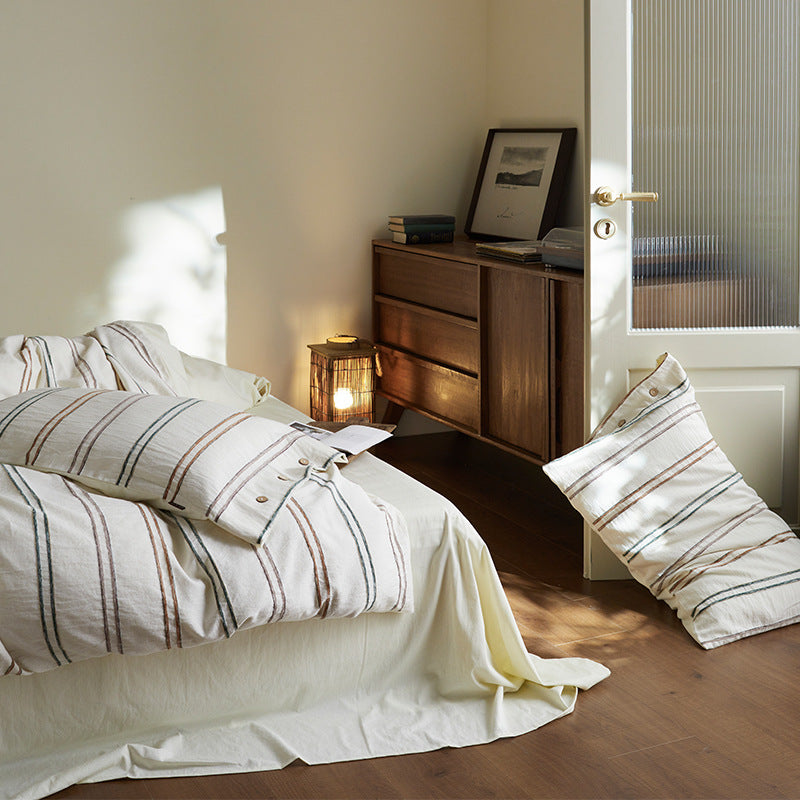 Washed Linen-Cotton Striped Duvet Cover Set with Button-Detail Pillowcases & Corner Ties