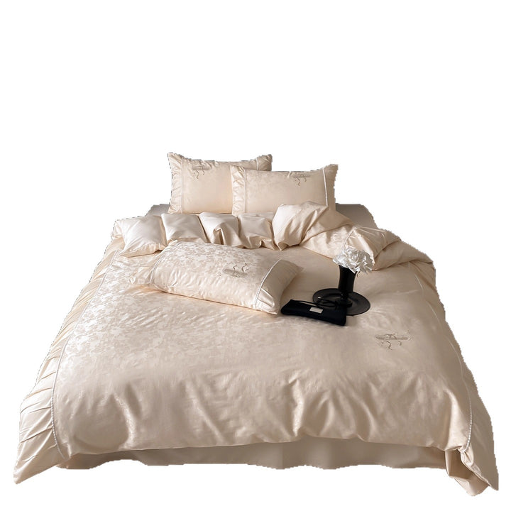 Luxury Jacquard Satin Ruffled Duvet Cover Set with Embroidered Accents