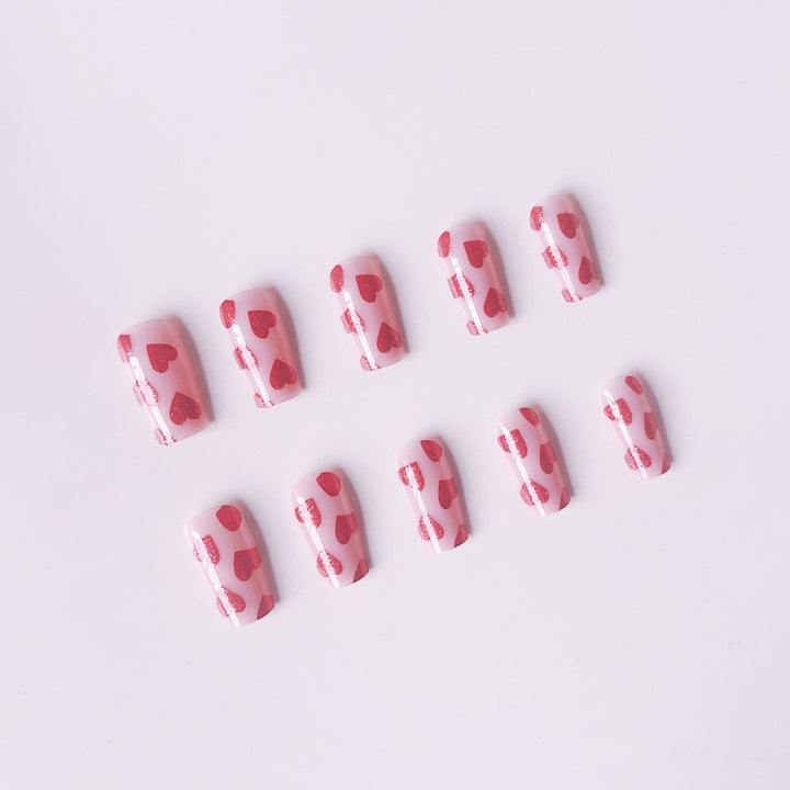 Artificial nail set with romantic heart motif and glitter Stornfield
