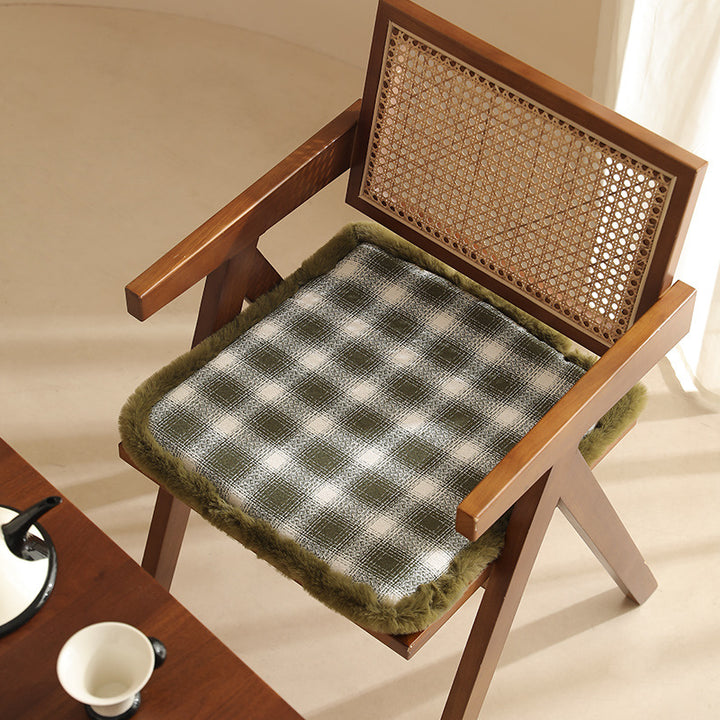 Padded checked chair cushion with faux fur border Stornfield