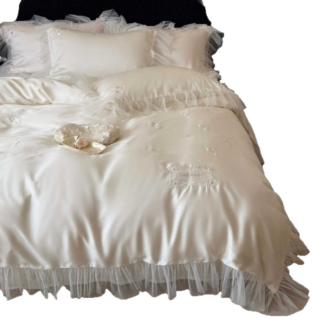 Satin Ruffled Tulle-Trim Button-Down Duvet Cover Set