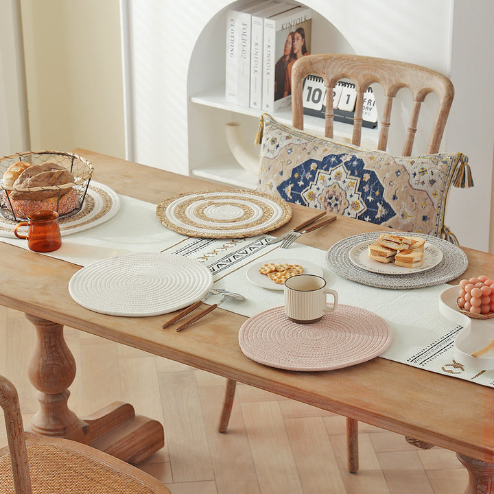 Braided round table mat made of cotton rope and sea grass with spiral structure Stornfield