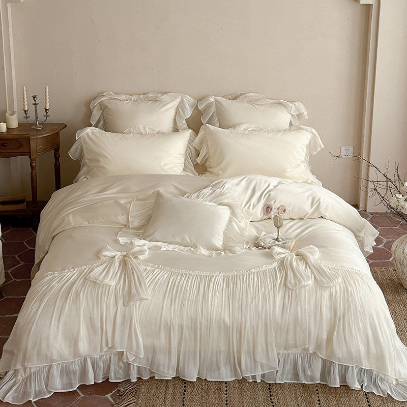 Romantic Ruffled Pleated Duvet Cover Ensemble with Bow-Tie Skirt & Oxford Shams