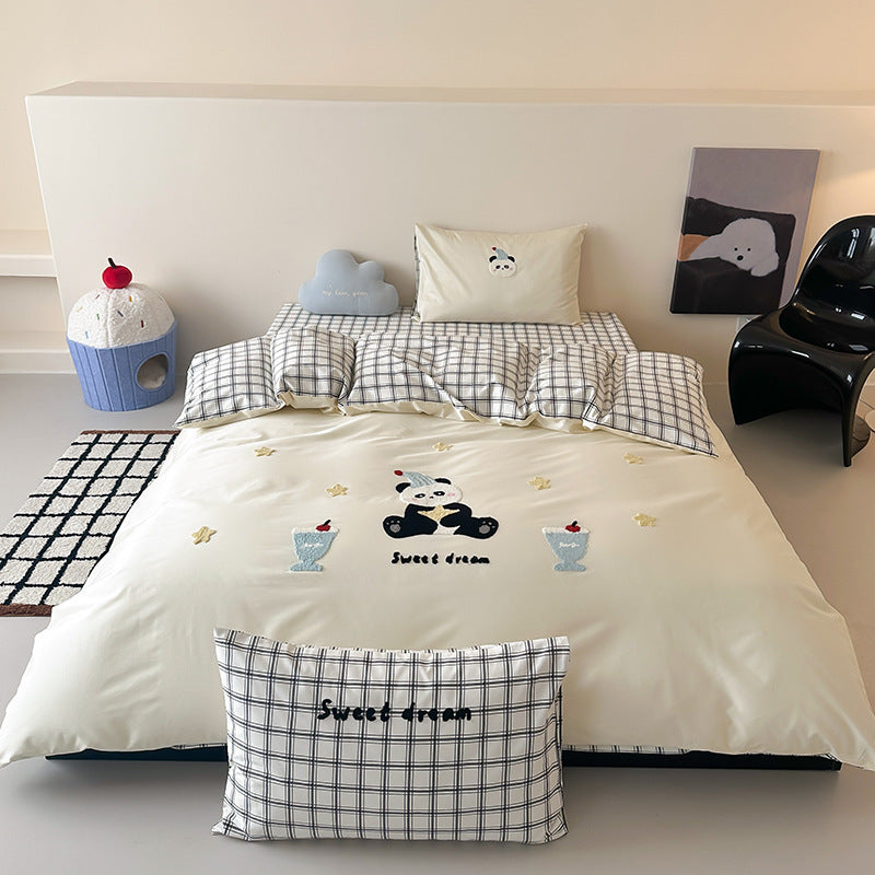 Embroidered Cotton Sateen Duvet Cover Set with Appliqué Bunnies and Polka Dot Pillowcases
