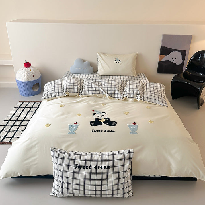 Embroidered Cotton Sateen Duvet Cover Set with Appliqué Bunnies and Polka Dot Pillowcases
