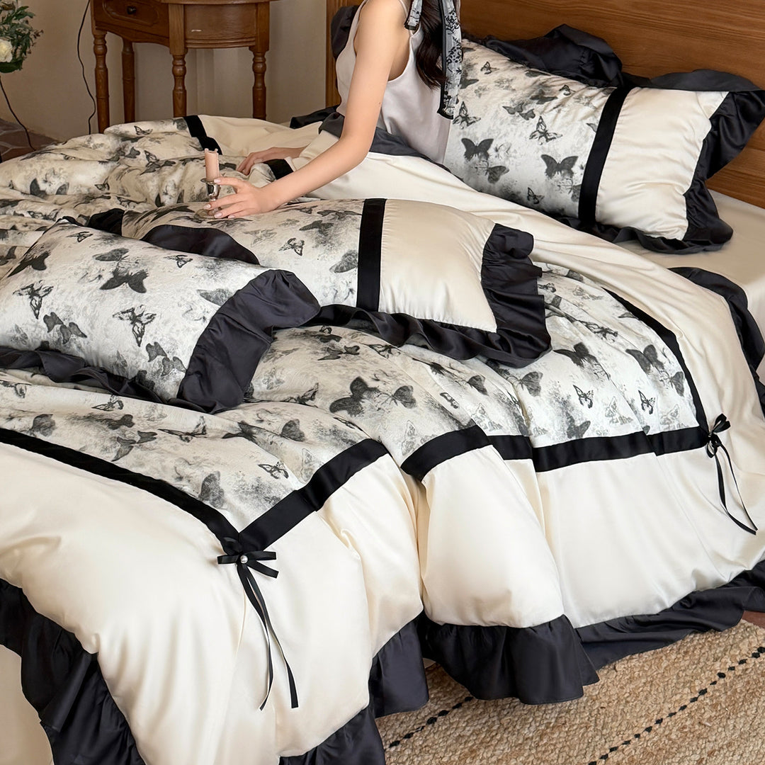 Butterfly-Illustration Ruffled Duvet Cover Set with Satin Ribbon Ties & Frilled Shams
