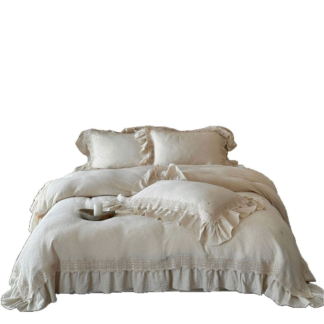 Cotton gauze duvet cover set with hand-crocheted lace trim and ruffle