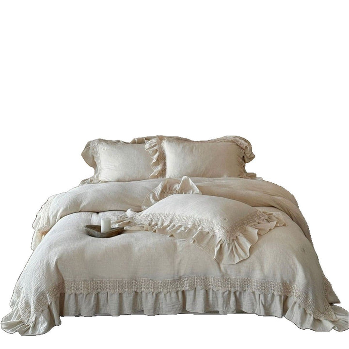 Cotton gauze duvet cover set with hand-crocheted lace trim and ruffle