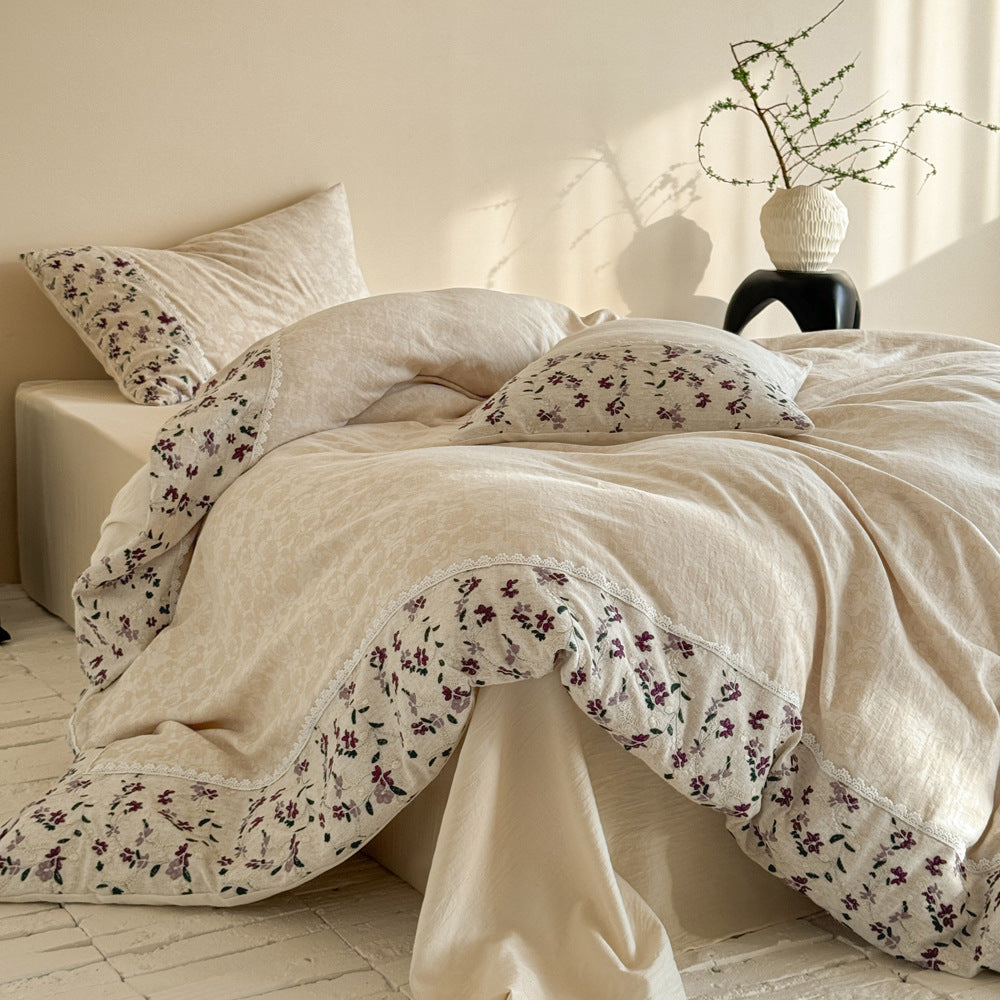 Botanical Embroidered Linen-Blend Duvet Cover & Sham Set with Scalloped Lace Border