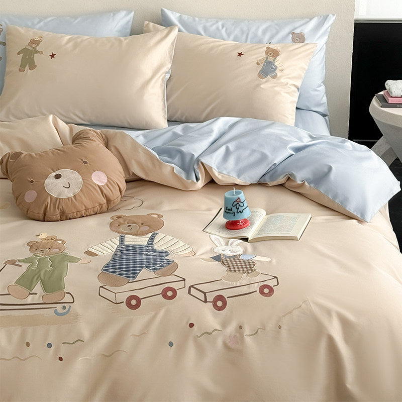 Children's Embroidered Cotton Duvet Cover Set with Playful Bear & Bunny Appliqué