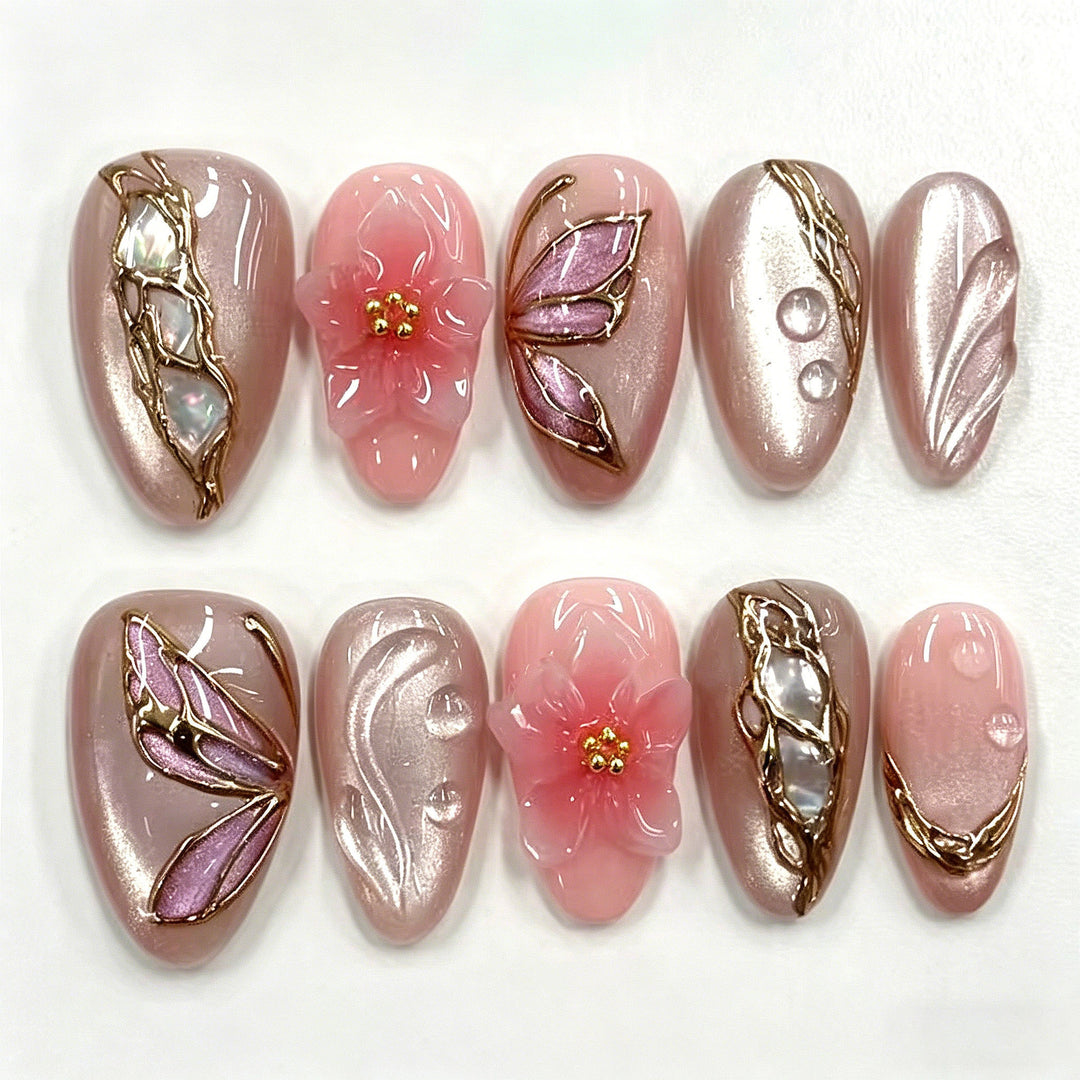 Artistic Floral Press-On Nail Art Set with Elegant Gem Accents Stornfield