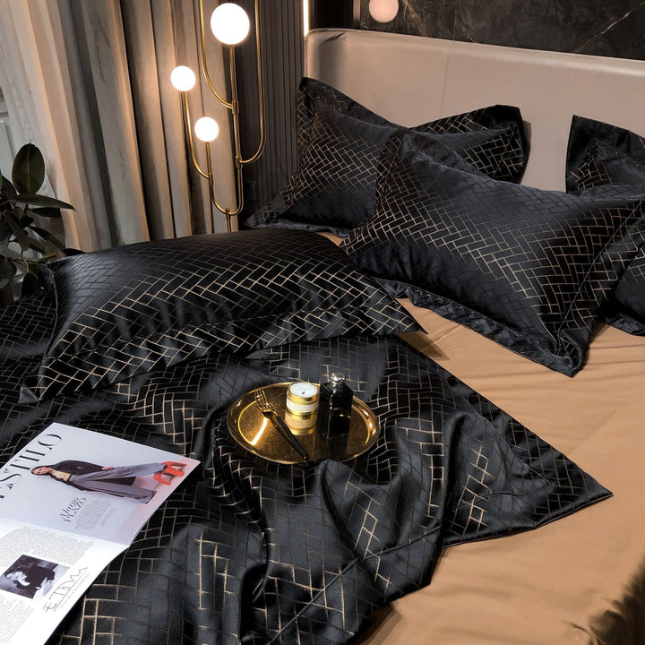Luxury Satin Jacquard Geometric Duvet Cover and Pillowcase Bedding Set