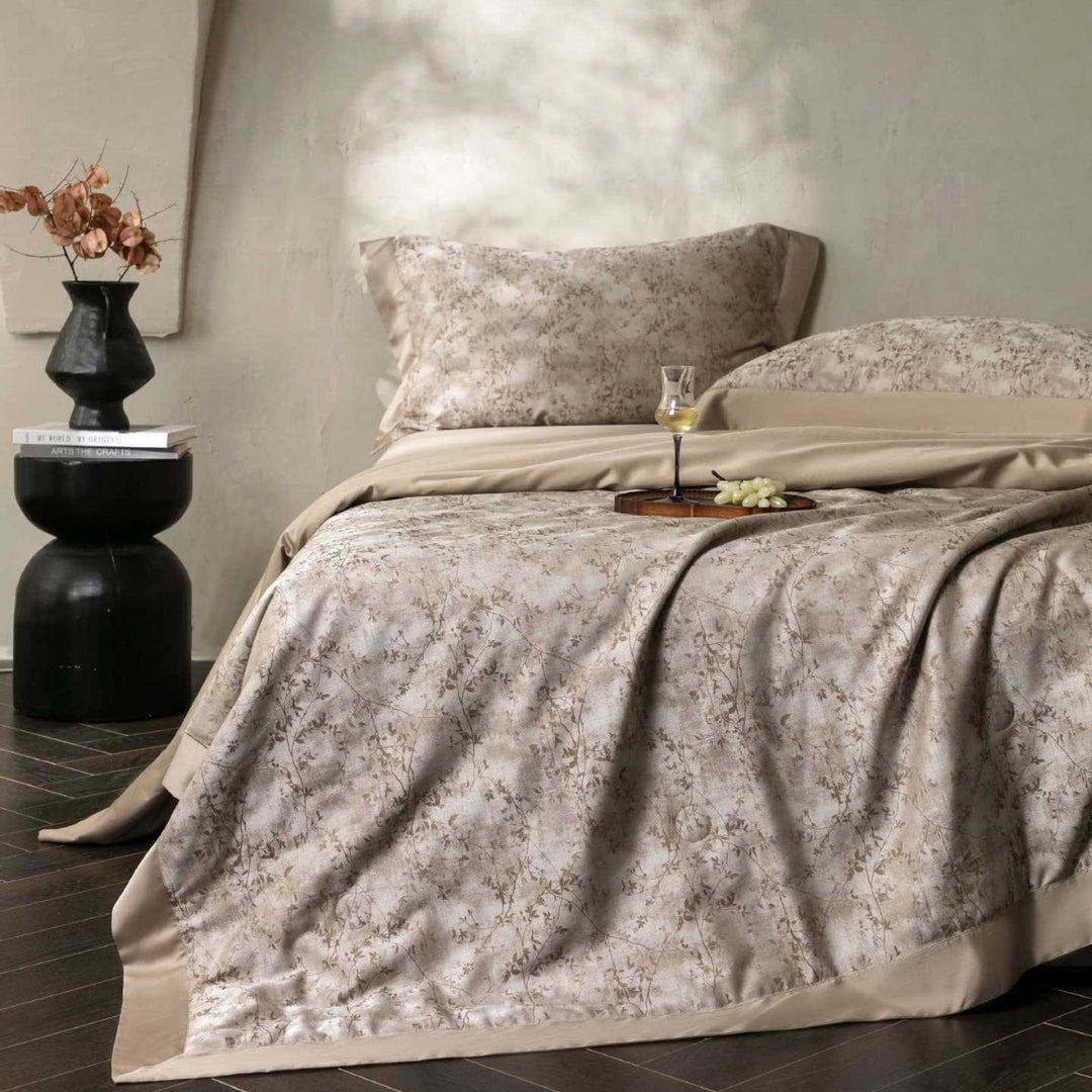Premium cotton satin bedding set with fine toile pattern and hem decoration