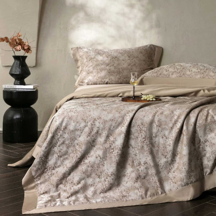 Premium cotton satin bedding set with fine toile pattern and hem decoration