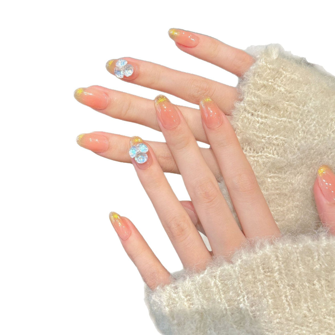 Elegant Decorative Press-On Nail Set with Rhinestone and Floral Accents
