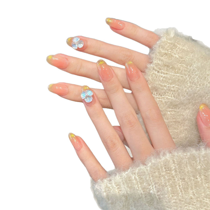 Elegant Decorative Press-On Nail Set with Rhinestone and Floral Accents