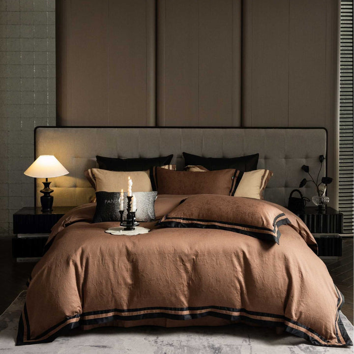 Luxurious linen look bedding set with two-tone piping edge
